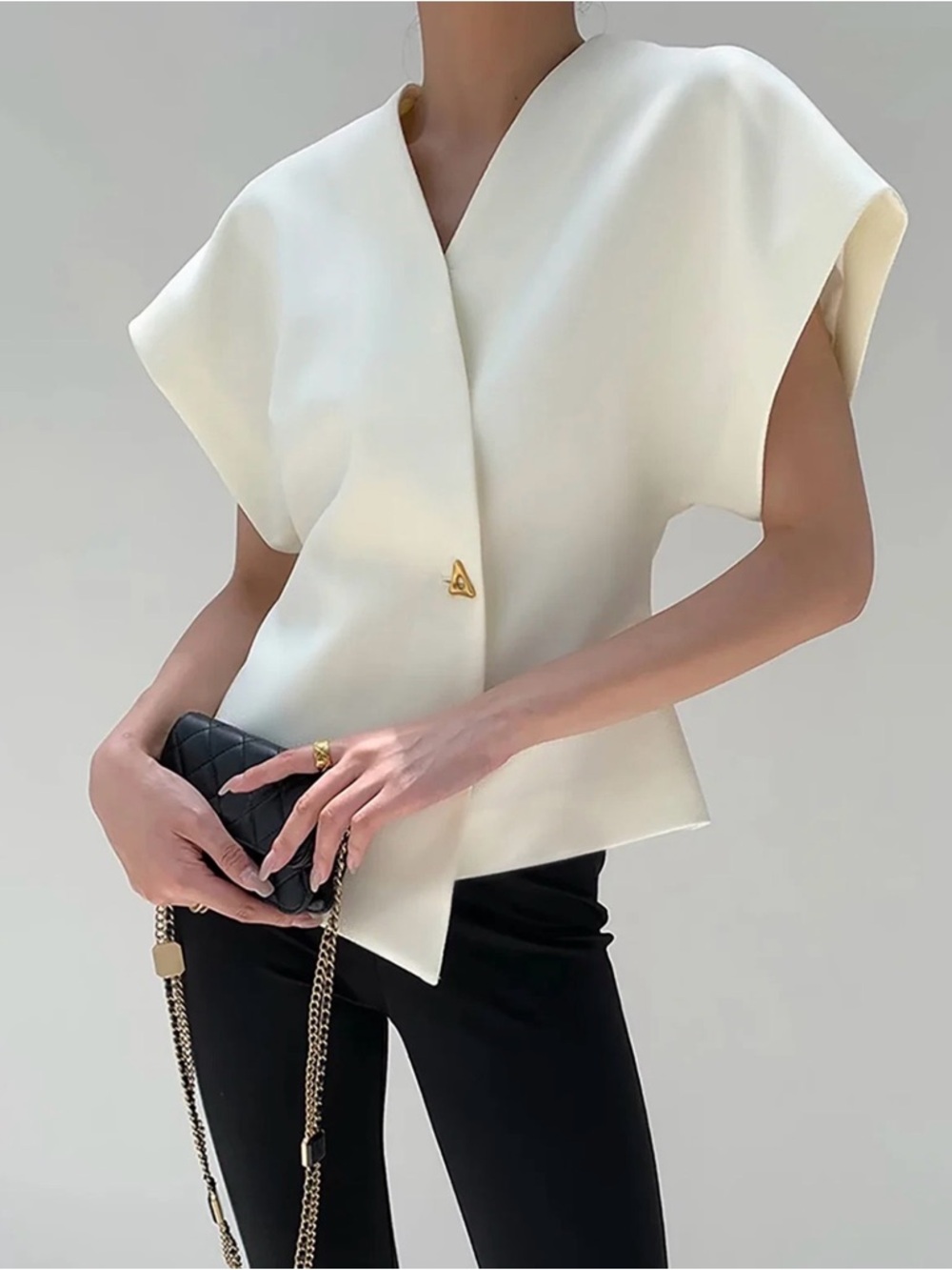 Commense White Wrap Blouse Top Asymmetrical Minimalist Short Sleeve M NWT Career